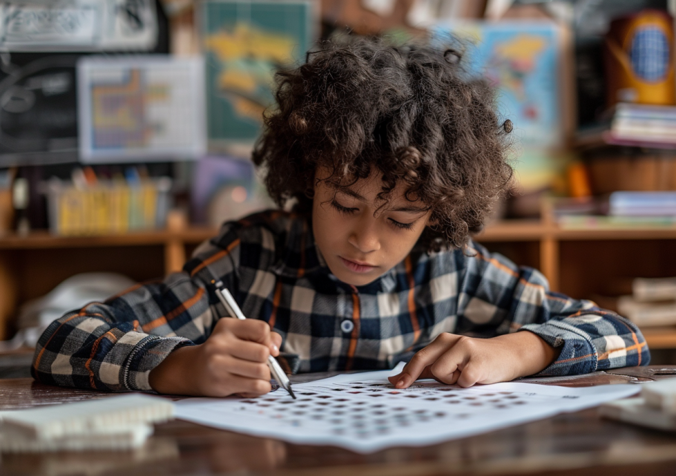 Jongen van 10 jaar maakt een kruiswoordpuzzel